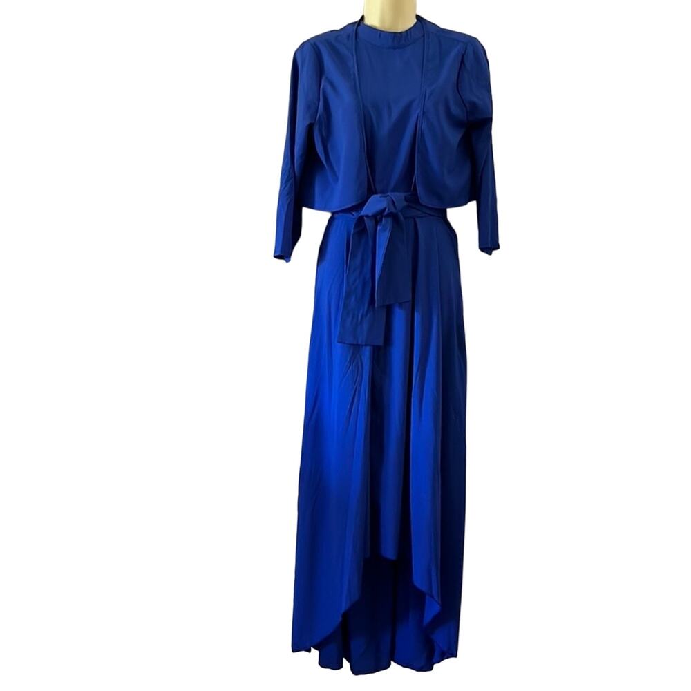 Blue Lightweight High Low Maxi Dress with Bolero Jacket and Tie Belt Size 14